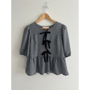 Monteau Peplum Top Womens Small Black White Gingham Bow Front Puff Sleeve Blouse